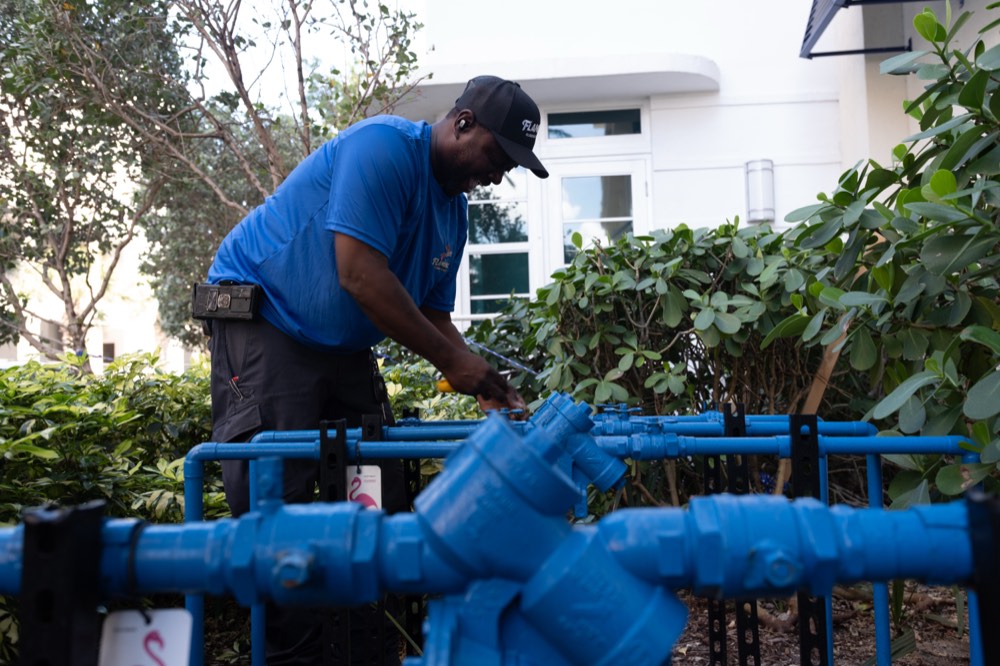 Flamingo technician rebuilding the internal seals and springs of a backflow assembly