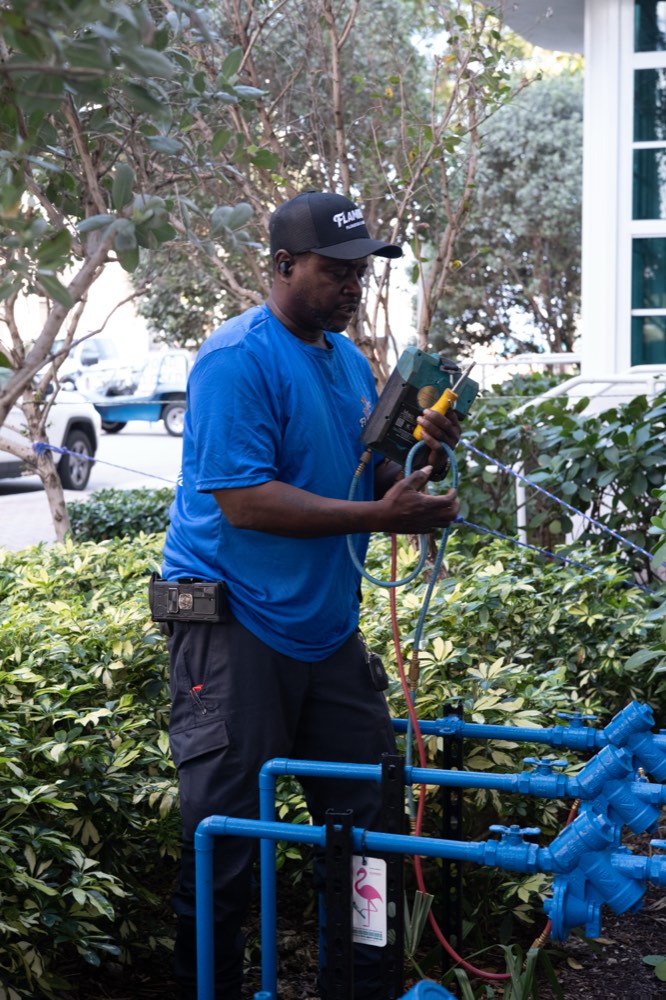 Replacement backflow preventer assembly installed on a water line by a Flamingo technician