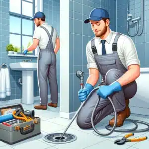 plumbers fixing a clogged drain